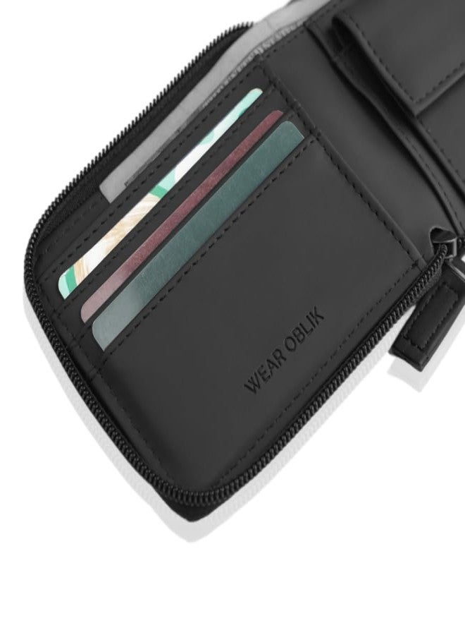 OBLIK Corsa Billfold - Women's Wallet | Compact Zip Around Wallet - 3 Card Slots with Separate Currency and Coin Compartments | Black Vegan Leather - Image 2